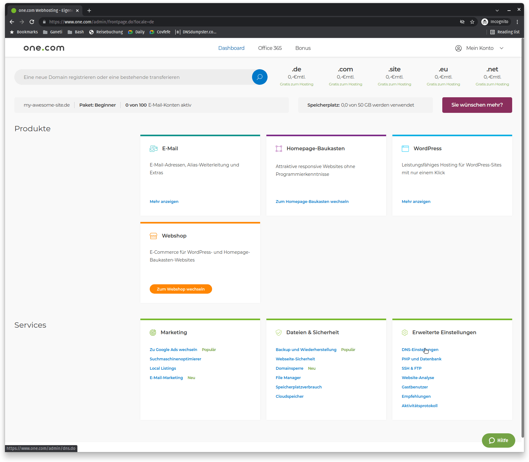 One.com anleitung schritt 01