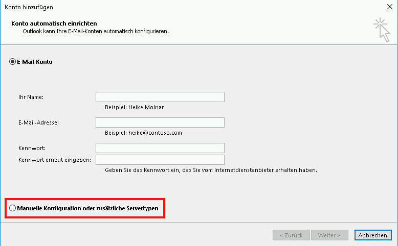 Einrichtung eines E-Mail-Kontos in Outlook 2013 Schritt 3
