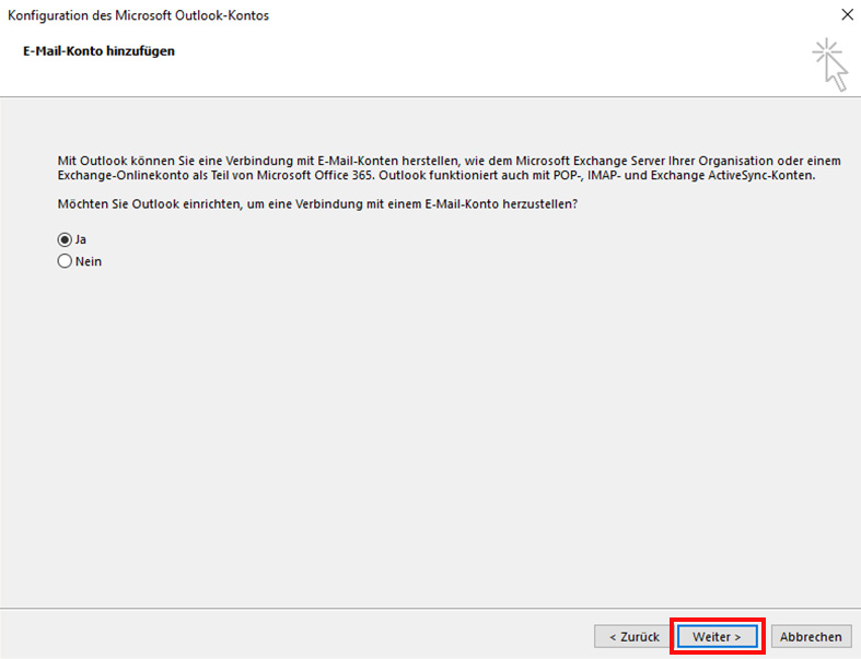 Einrichtung eines E-Mail-Kontos in Outlook 2016 Schritt 2 a