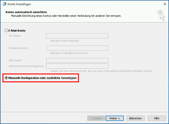 Einrichtung eines E-Mail-Kontos in Outlook 2016 Schritt 3