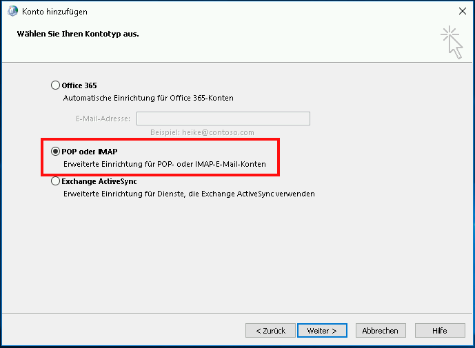 Einrichtung eines E-Mail-Kontos in Outlook 2016 Schritt 4