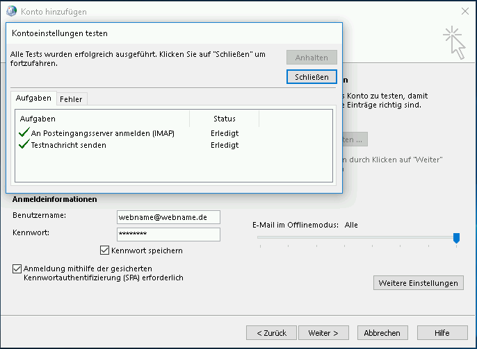 Einrichtung eines E-Mail-Kontos in Outlook 2016 Schritt 8