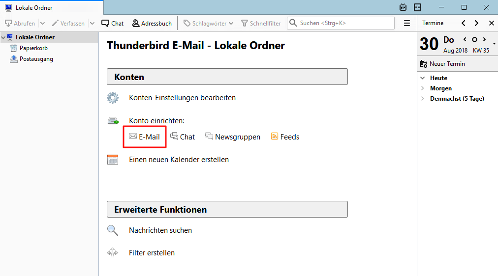 Einrichtung eines E-Mail-Kontos in Thunderbird Schritt 1