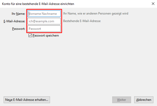 Einrichtung eines E-Mail-Kontos in Thunderbird Schritt 2