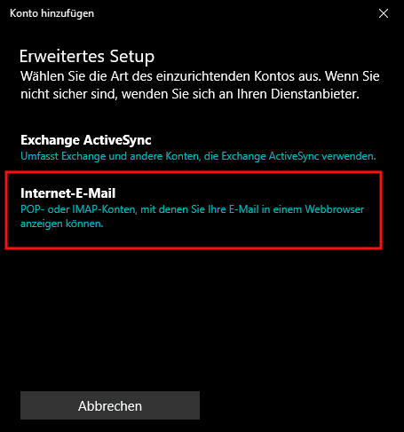 Einrichtung eines E-Mail-Kontos in Windows Mail Schritt 3